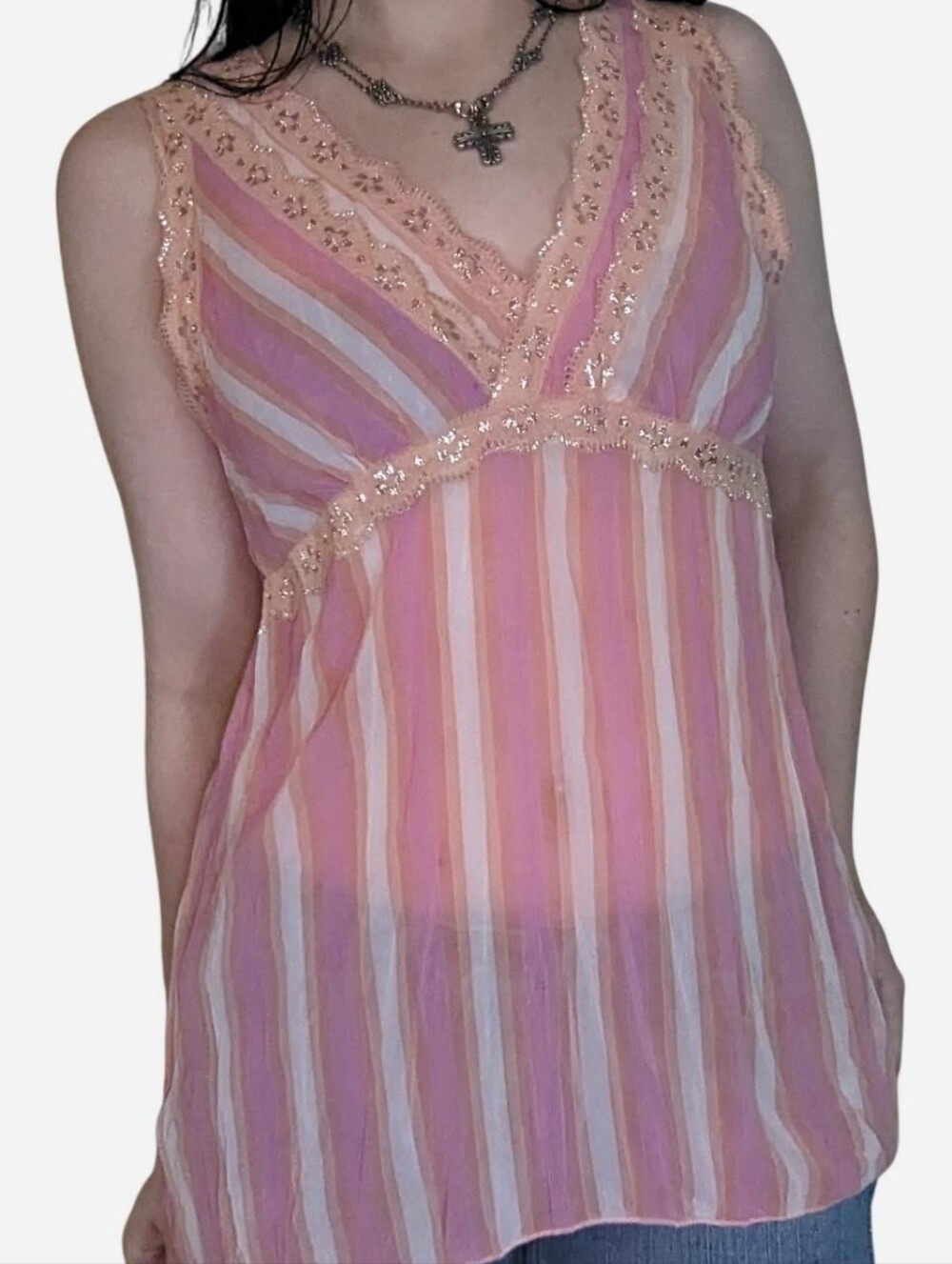 early Y2K vintage pink and white striped sheer blouse with lace trim
